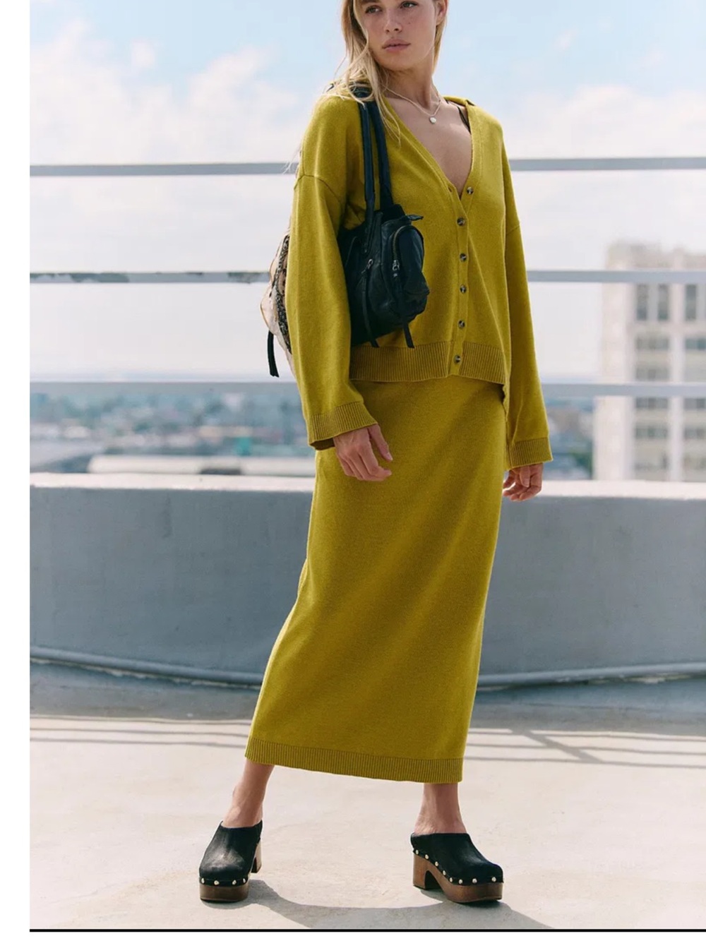 Free People Mustard Olive Knit Maxi Skirt and Top Sweater Set